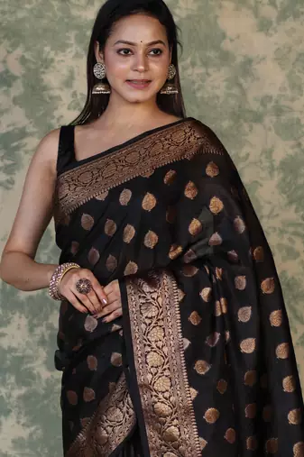 Black silk blend banarasi saree with unstitched blouse piece