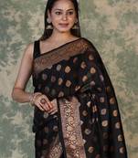 Black silk blend banarasi saree with unstitched blouse piece