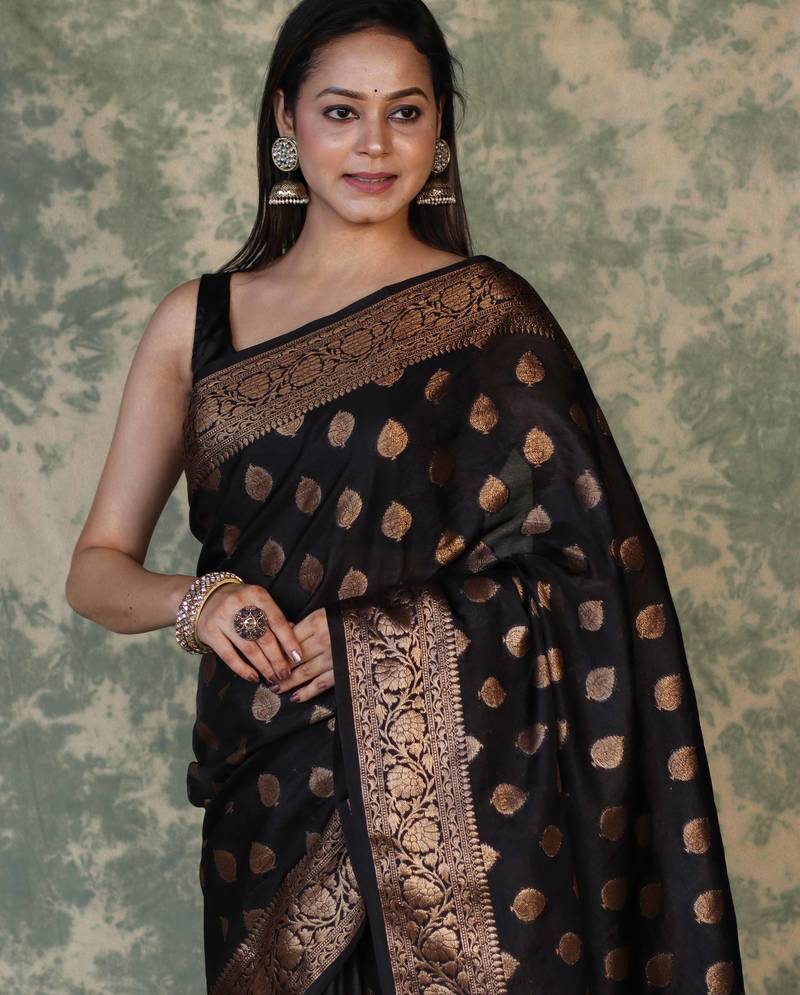 Black soft silk blend banarasi jacuard work designer party wear saree with unstitched blouse piece