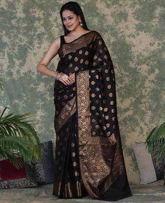Black silk blend banarasi saree with unstitched blouse piece 2