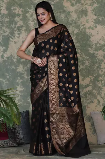 Black silk blend banarasi saree with unstitched blouse piece