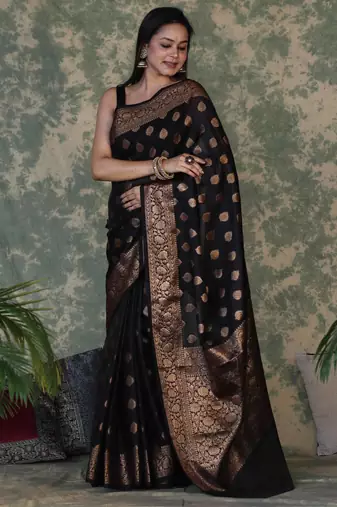 Black silk blend banarasi saree with unstitched blouse piece