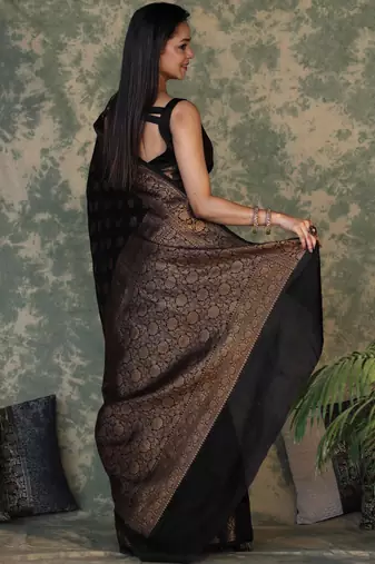 Black silk blend banarasi saree with unstitched blouse piece