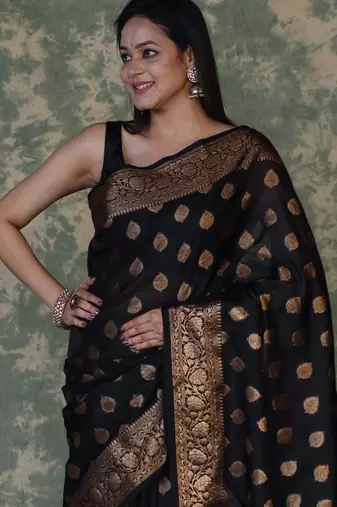 Black silk blend banarasi saree with unstitched blouse piece