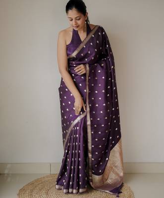 Purple silk blend banarasi saree with unstitched blouse piece 1