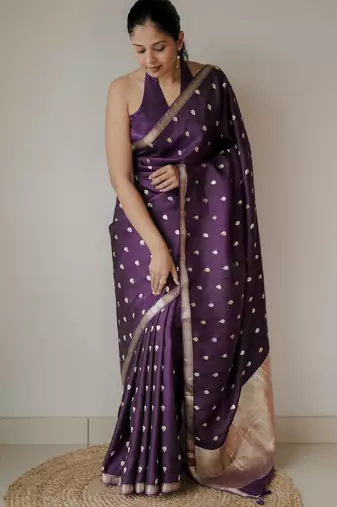 Purple silk blend banarasi saree with unstitched blouse piece