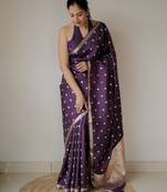 Purple silk blend banarasi saree with unstitched blouse piece