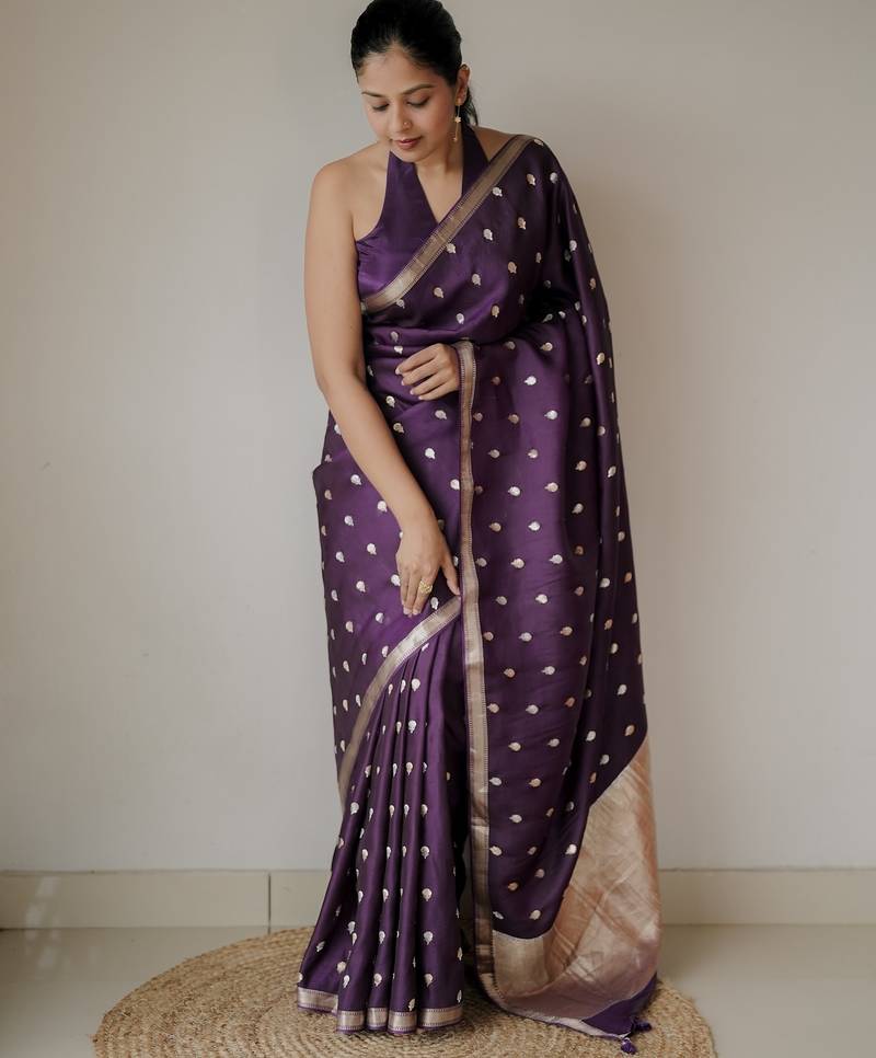 Purple soft silk blend banarasi jacuard work designer party wear saree with unstitched blouse piece
