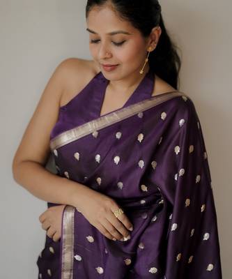 Purple silk blend banarasi saree with unstitched blouse piece 2