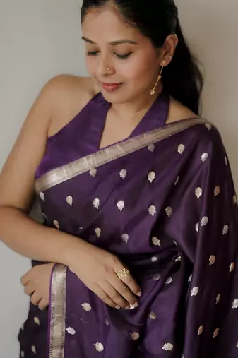 Purple silk blend banarasi saree with unstitched blouse piece