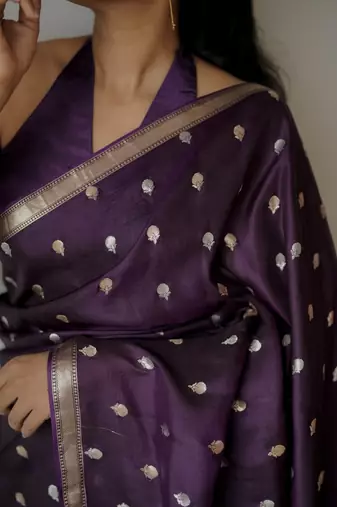 Purple silk blend banarasi saree with unstitched blouse piece