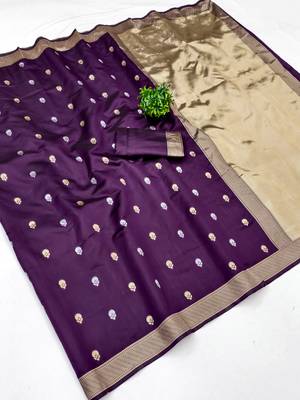 Purple silk blend banarasi saree with unstitched blouse piece 4