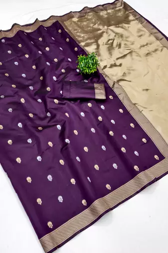 Purple silk blend banarasi saree with unstitched blouse piece