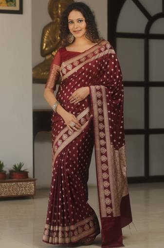 Maroon soft silk blend banarasi jacuard work designer party wear saree with unstitched blouse piece