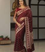 Maroon silk blend banarasi saree with unstitched blouse piece