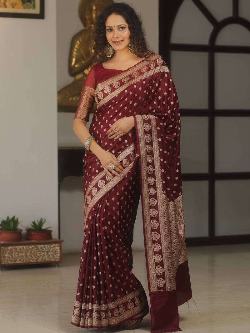 Maroon soft silk blend banarasi jacuard work designer party wear saree with unstitched blouse piece