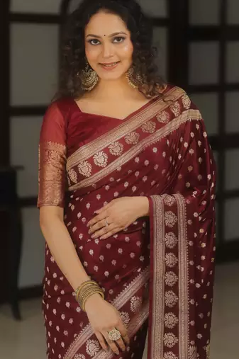 Maroon silk blend banarasi saree with unstitched blouse piece