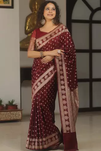 Maroon silk blend banarasi saree with unstitched blouse piece