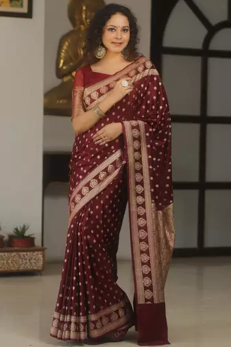 Maroon silk blend banarasi saree with unstitched blouse piece