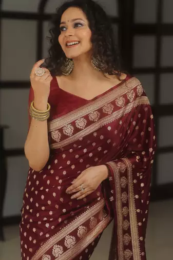 Maroon silk blend banarasi saree with unstitched blouse piece