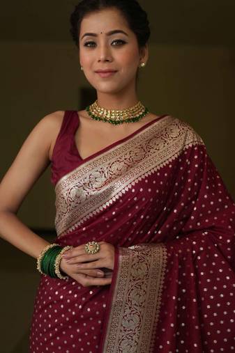 Maroon soft silk blend banarasi jacuard work designer party wear saree with unstitched blouse piece