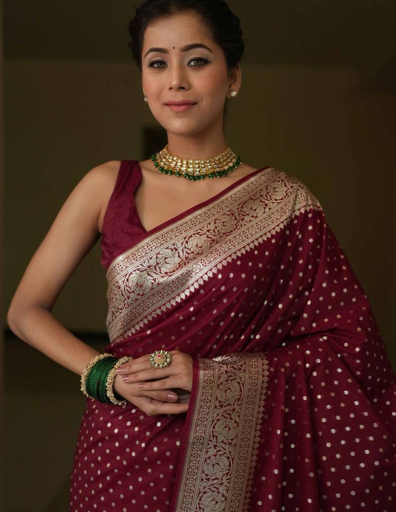 Maroon soft silk blend banarasi jacuard work designer party wear saree with unstitched blouse piece