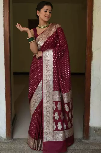 Maroon silk blend banarasi saree with unstitched blouse piece