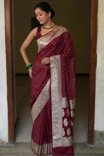 Maroon silk blend banarasi saree with unstitched blouse piece