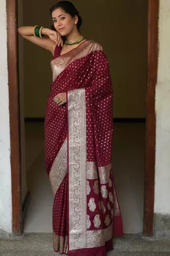 Maroon silk blend banarasi saree with unstitched blouse piece