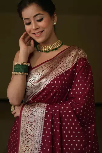 Maroon silk blend banarasi saree with unstitched blouse piece