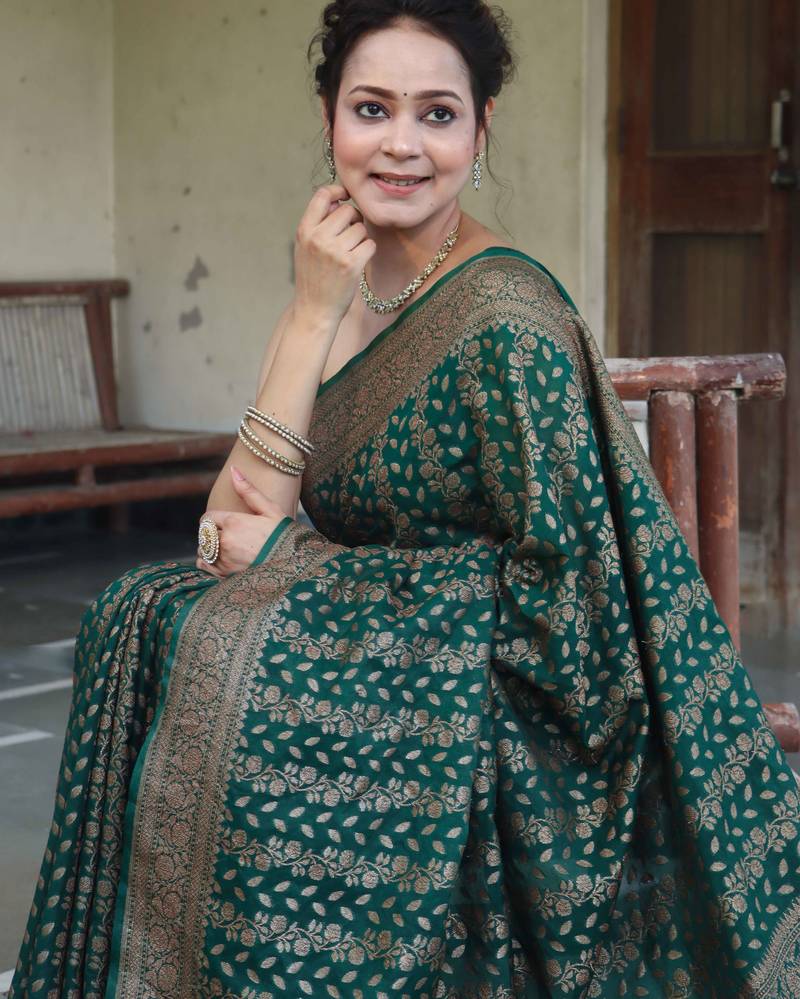 Green soft silk blend banarasi jacuard work designer party wear saree with unstitched blouse piece