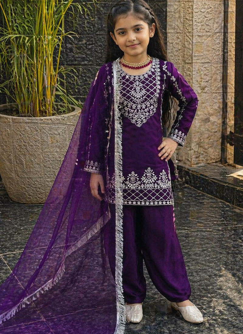 Natural Pure Heavy Creap Silk Embroidery Work Purple Readymade Salwar Suit