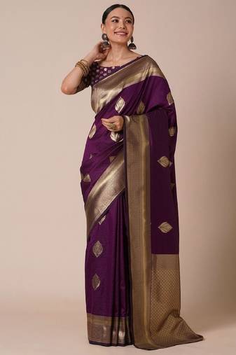 Purple soft silk blend banarasi jacuard work designer party wear saree with unstitched blouse piece