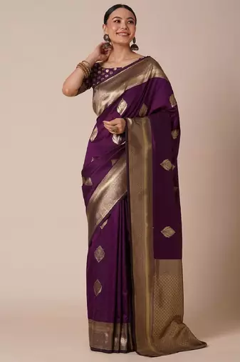 Purple silk blend banarasi saree with unstitched blouse piece
