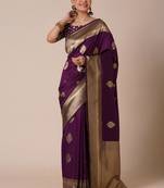 Purple silk blend banarasi saree with unstitched blouse piece