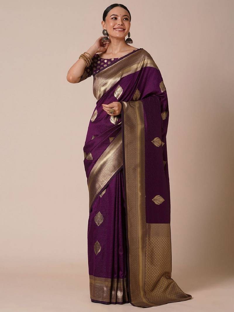 Purple silk blend banarasi saree with unstitched blouse piece
