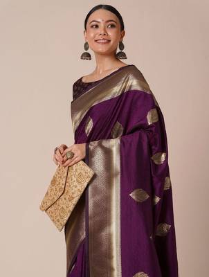 Purple silk blend banarasi saree with unstitched blouse piece 2