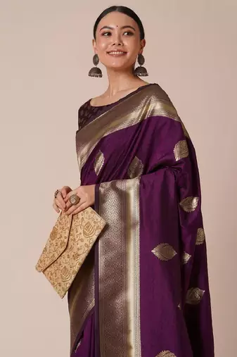 Purple silk blend banarasi saree with unstitched blouse piece