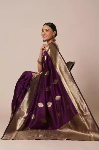 Purple silk blend banarasi saree with unstitched blouse piece