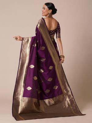 Purple silk blend banarasi saree with unstitched blouse piece 4