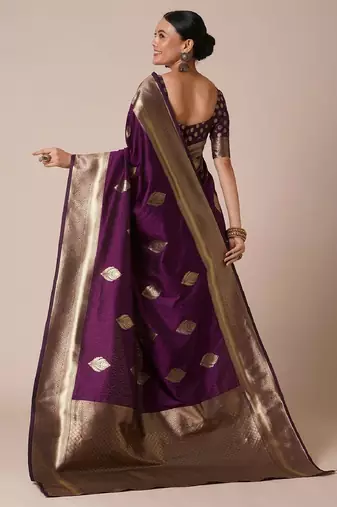 Purple silk blend banarasi saree with unstitched blouse piece