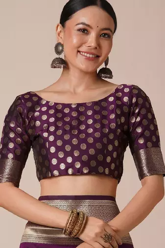 Purple silk blend banarasi saree with unstitched blouse piece