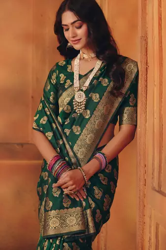 Green soft silk blend banarasi jacuard work designer party wear saree with unstitched blouse piece