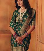 Green soft silk blend banarasi jacuard work designer party wear saree with unstitched blouse piece