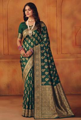 Green silk blend banarasi saree with unstitched blouse piece 3
