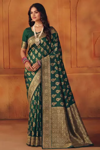 Green silk blend banarasi saree with unstitched blouse piece