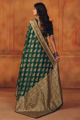 Green silk blend banarasi saree with unstitched blouse piece 4