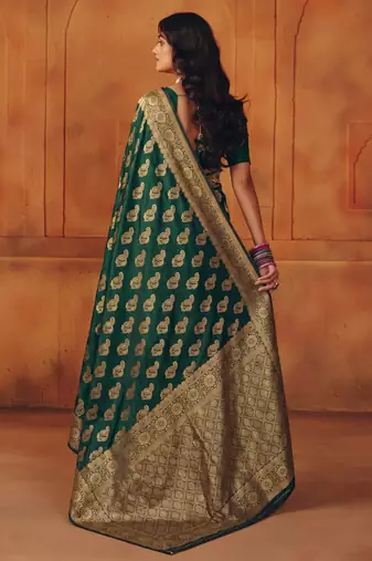 Green silk blend banarasi saree with unstitched blouse piece