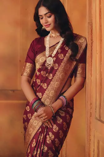 Maroon silk blend banarasi saree with unstitched blouse piece