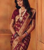 Maroon silk blend banarasi saree with unstitched blouse piece
